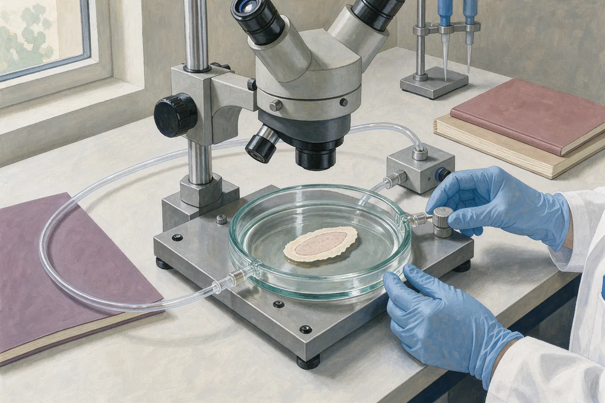 Illustration of a tissue-perfusion chamber and microscope beside a technician’s hands
