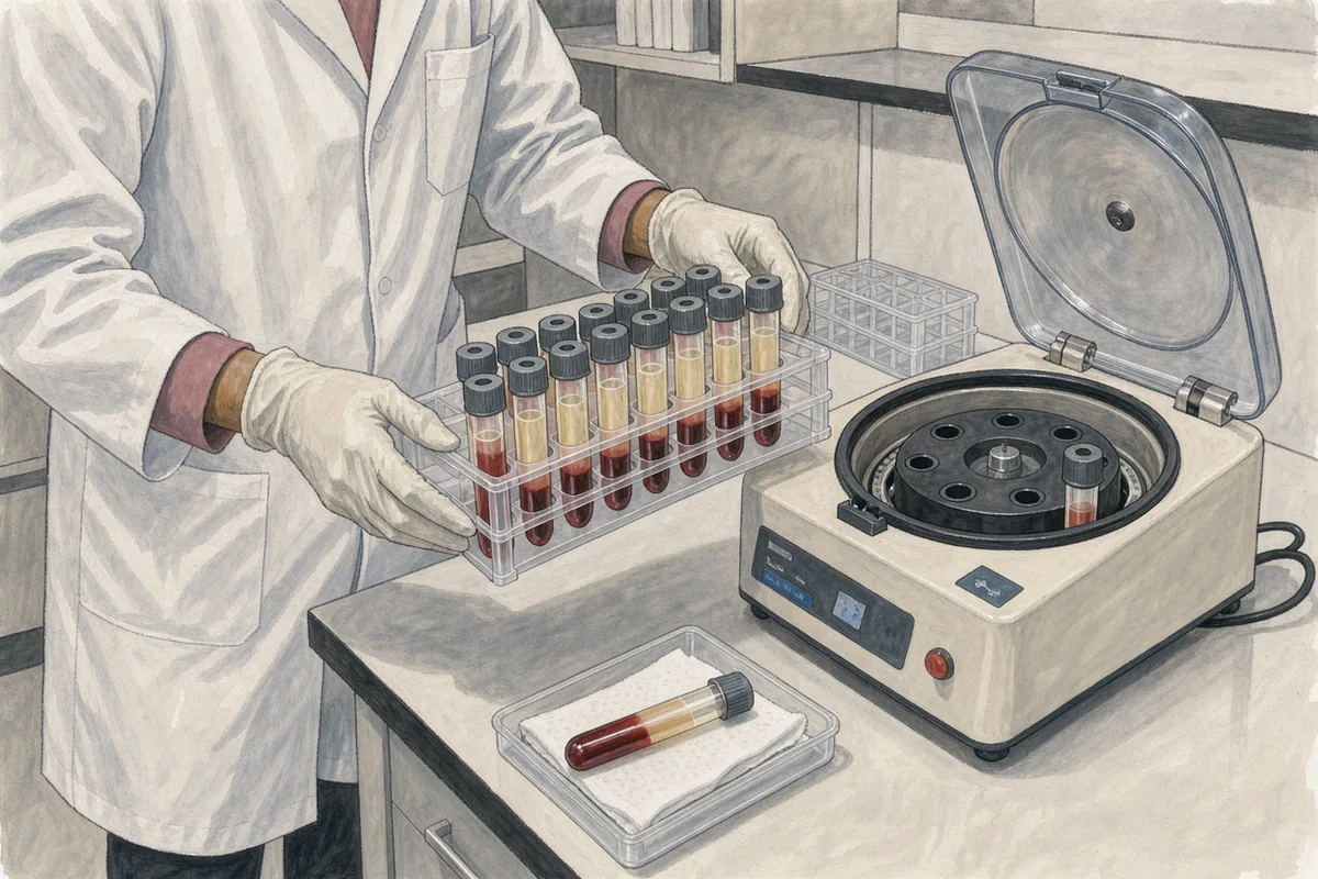 Illustrated technician separating a blood sample at a bright laboratory bench