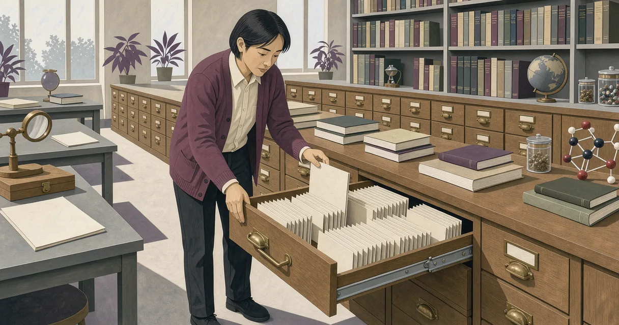 Editorial illustration of a library assistant examining an open scientific card catalogue